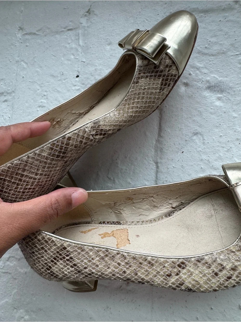 Coach ‘Rivera’ Metallic Taupe Snake-Print Low Block Heel Flats with Bow